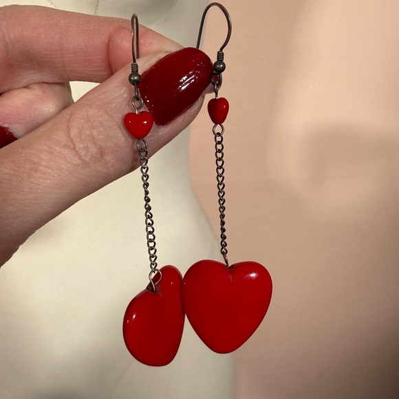 Estate Jewelry - Vintage Red glass Heart Sterling silver oversized Modernist dangle Earrings